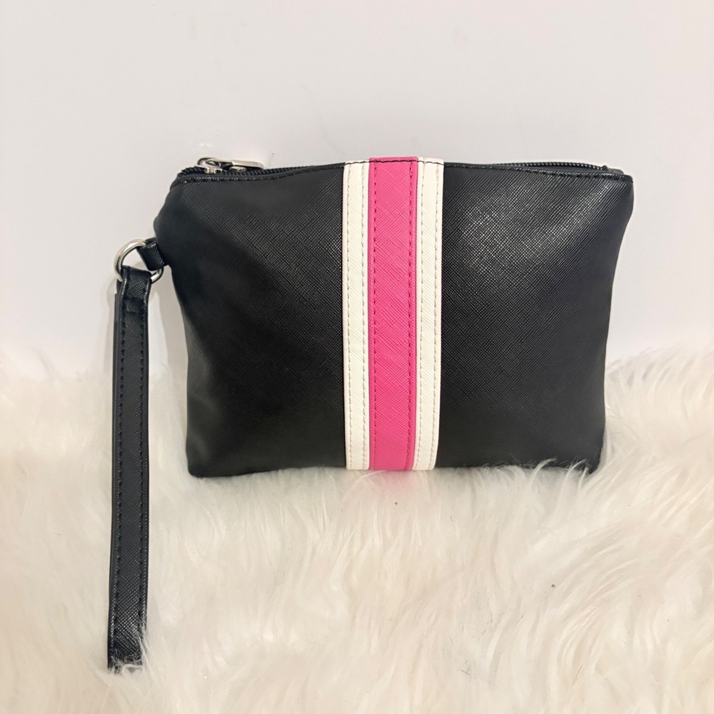 Court Couture Black Pink White Striped Saffiano Faux Leather Wristlet‎ Pouch